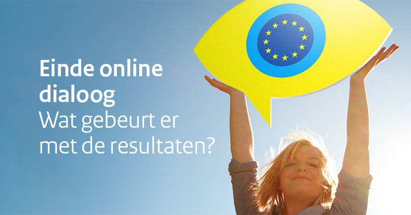 Vrouw met logo Kijk op Europa, en tekst: Einde online dialoog. Wat gebeurt er met de resultaten?